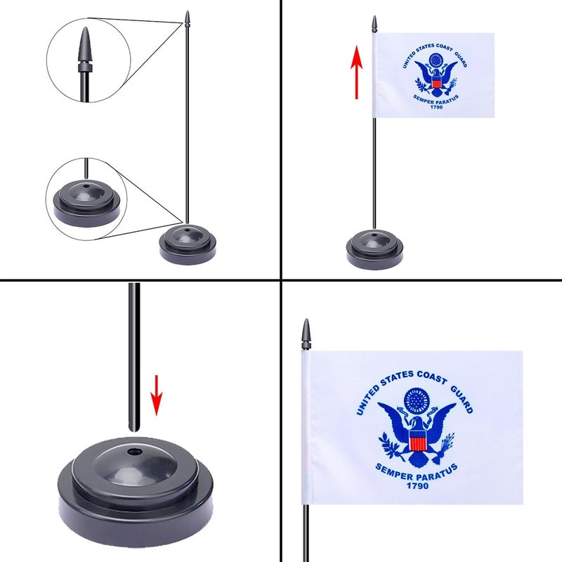 WXTWK 2 Pack USA Coast Guard Flag Coast Guard Deluxe Desk Flag Set - Mini Small US Military Table Office Flags with Black 12" Solid Pole Stand Base July 4th Veteran Party Memorial Day Decorations - Image 4
